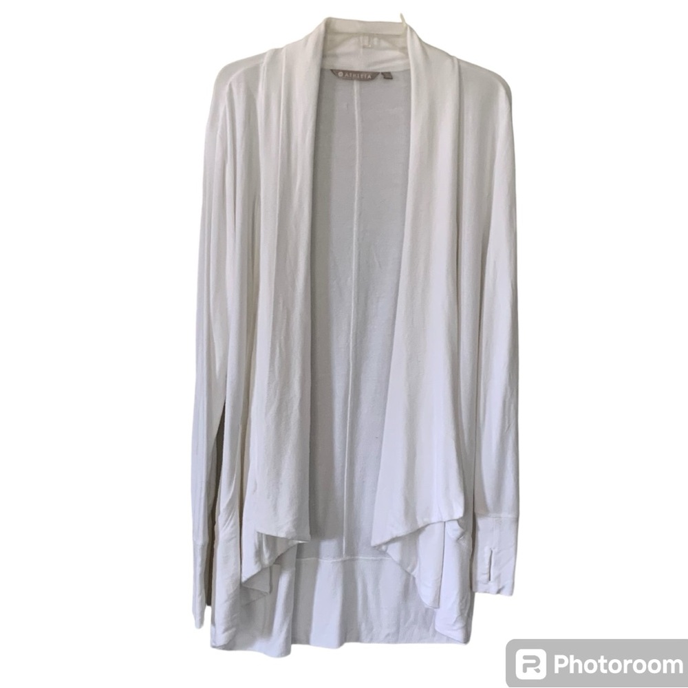 Athleta White Open Cardigan Sweater size Large Thumbholes Pockets Loungewear